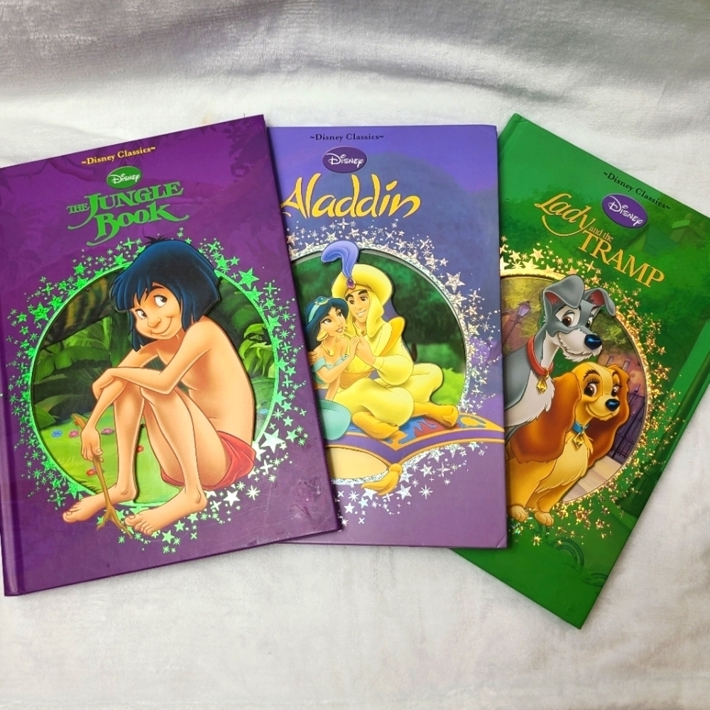 3 X DISNEY books, the jungle book, Aladdin and Lady and the trump